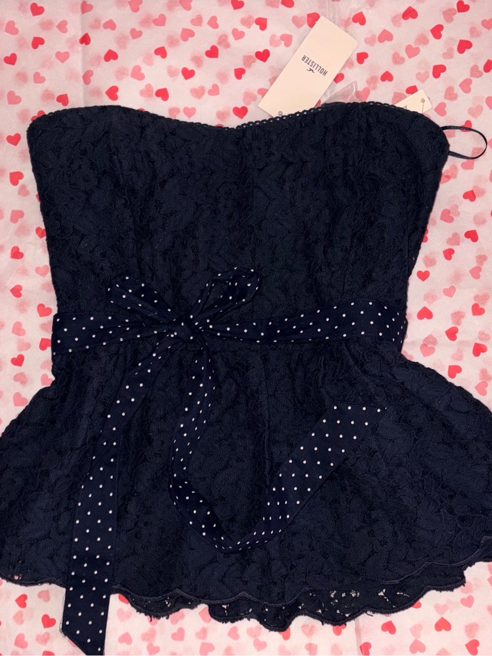 Hollister Navy Strapless Lace Peplum Top with Polka Dot Tie - Picture 3 of 4